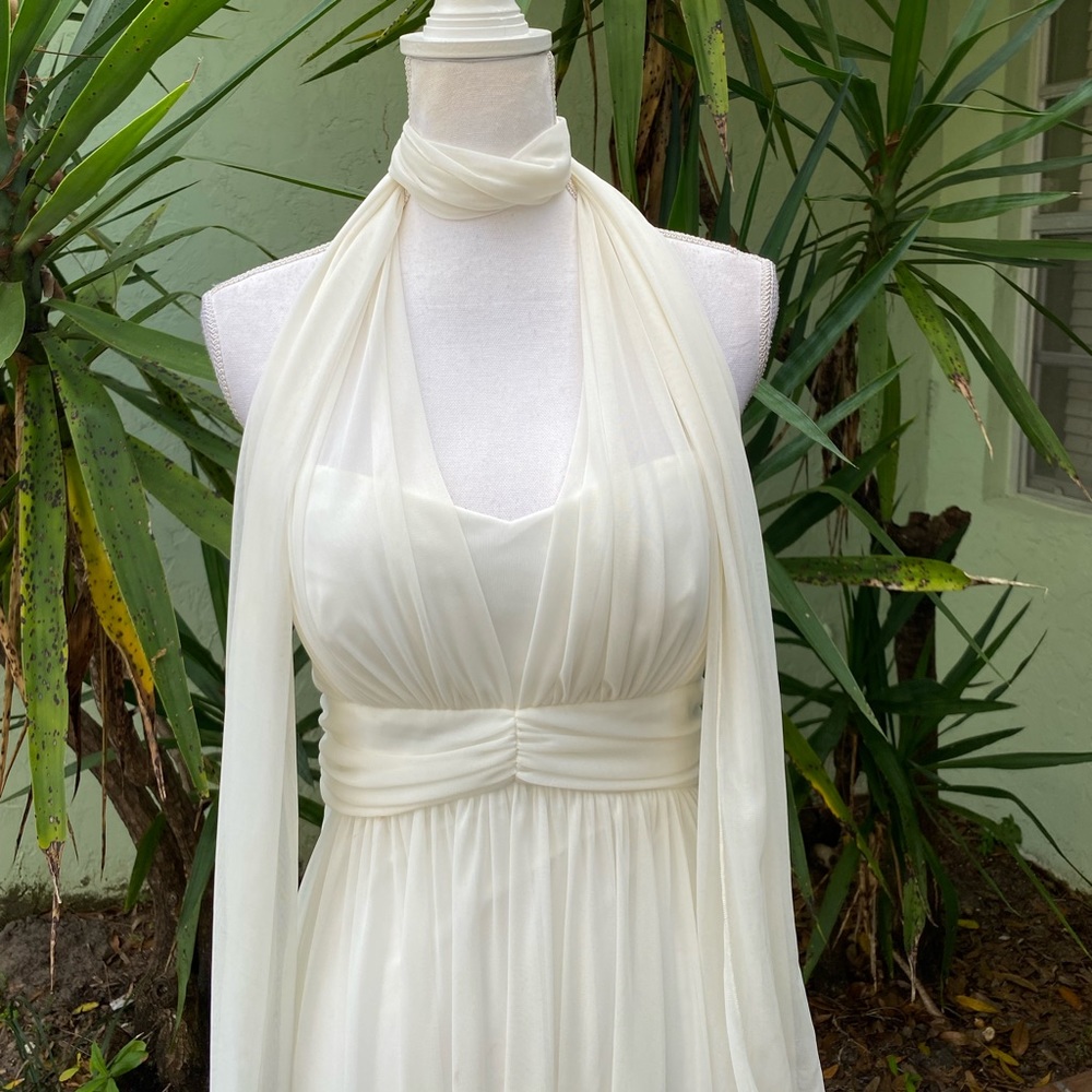 Cream Ivory Chiffon Long Dress with skinny scarf